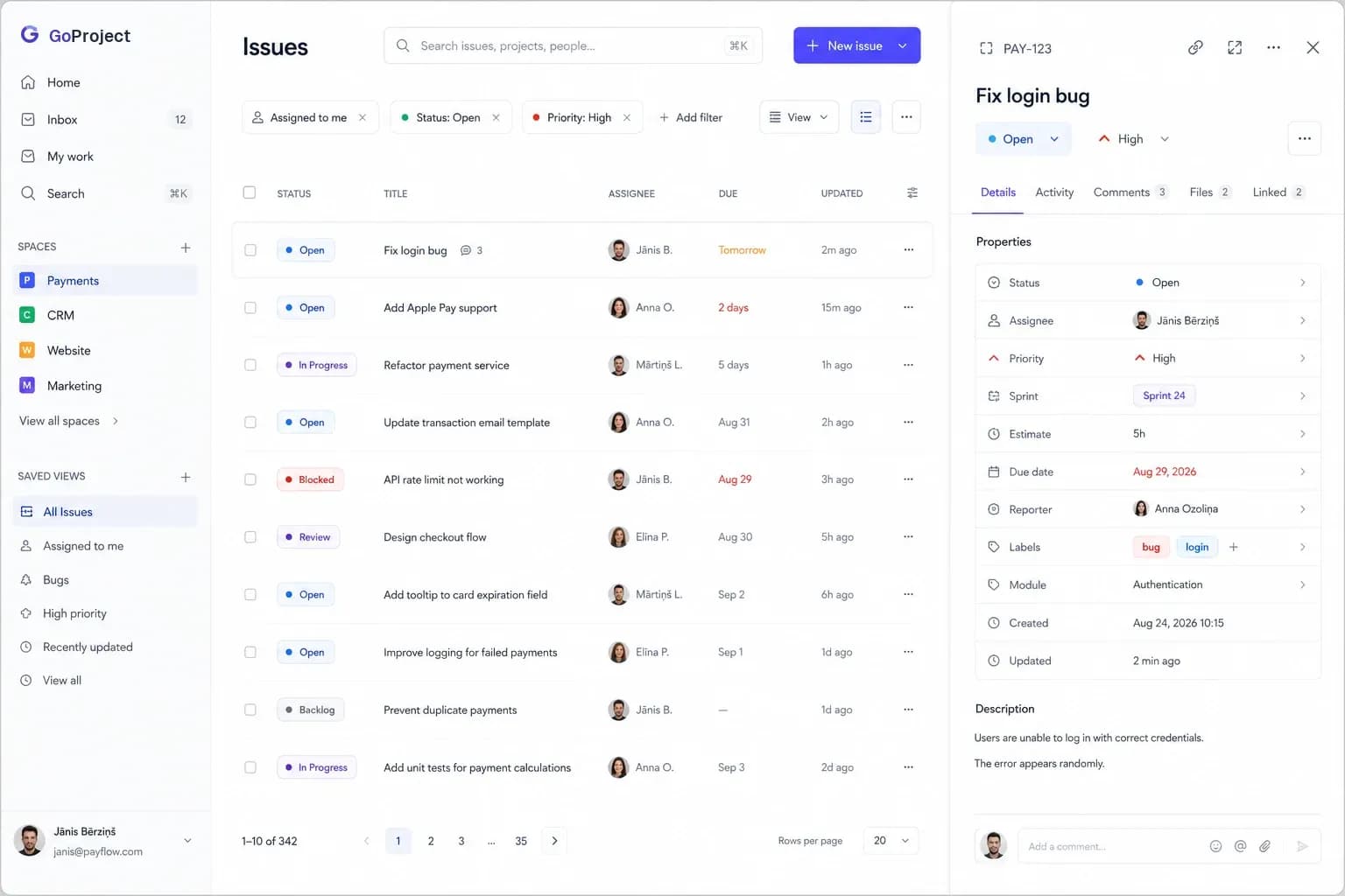 Work item list with filters and saved views