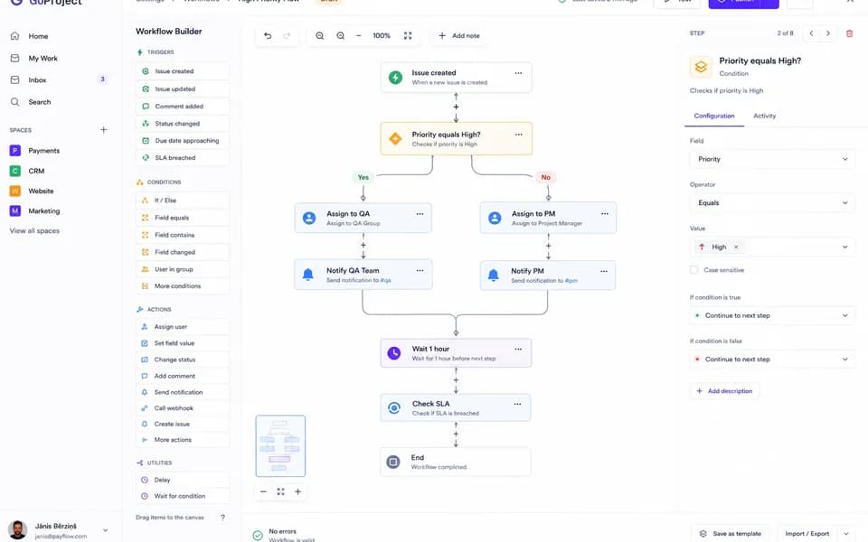 Visual workflow builder with triggers, conditions and actions